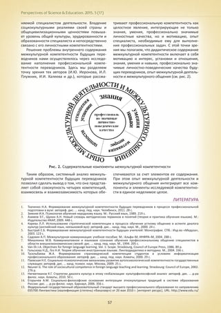 Perspectives of Science & Education. 2015. 5 (17)
57
няемой специалистом деятельности. Владение
социокультурными реалиями своей страны и
общецивилизационными ценностями повыша-
ет уровень общей культуры, эрудированности и
образованности специалиста и непосредственно
связано с его личностными компетентностями.
Решение проблемы внутреннего содержания
межкультурной компетентности будущих пере-
водчиков нами осуществлялось через исследо-
вание наполнения профессиональной компе-
тентности переводчиков. Здесь мы разделяем
точку зрения тех авторов (И.Ю. Иеронова, И.Л.
Плужник, И.И. Халеева и др.), которые рассма-
тривают профессиональную компетентность как
целостное явление, интегрирующее не только
знания, умения, профессионально значимые
личностные качества, но и мотивацию, опыт
специалиста, необходимые ему для выполне-
ния профессиональных задач. С этой точки зре-
ния мы полагаем, что дидактическое содержание
межкультурной компетентности включает в себя
мотивацию и интерес, установки и отношения,
знания, умения и навыки, профессионально зна-
чимые личностно-поведенческие качества буду-
щих переводчиков, опыт межкультурной деятель-
ности и межкультурного общения (см. рис. 2).
Рис. 2. Содержательные компоненты межкультурной компетентности
Таким образом, системный анализ межкуль-
турной компетентности будущих переводчиков
позволил сделать вывод о том, что она представ-
ляет собой совокупность четырех компетенций,
взаимосвязь и взаимозависимость которых обе-
спечиваются за счет элементов ее содержания.
При этом опыт межкультурной деятельности и
межкультурного общения интегрирует все ком-
поненты и элементы исследуемой компетентно-
сти в единое неделимое целое.
ЛИТЕРАТУРА
1.	 Ткаченко Н.А. Формирование межкультурной компетентности будущих переводчиков в процессе профессиональной
подготовки в вузе: автореф. дис. ... канд. пед. наук. Челябинск, 2011. 28 с.
2.	 Зимняя И.А. Психология обучения неродному языку. М.: Русский язык, 1989. 219 с.
3.	 Азимов Э.Г., Щукин А.Н. Новый словарь методических терминов и понятий (теория и практика обучения языкам). М.:
Издательство ИКАР, 2009. 448 с.
4.	 Карева Л.Л. Использование стратегической компетенции в процессе обучения устному общению в аспекте диалога
культур (английский язык, неязыковой вуз): автореф. дис... канд. пед. наук. М., 2000. 24 с.
5.	 Быстрай Е.Б. Формирование межкультурной компетентности будущих учителей: Монография. СПб.: Изд-во «Медуза»,
2003. 123 с.
6.	 Садохин А.П. Межкультурная коммуникация: учебное пособие. М.: Альфа–М; ИНФРА–М, 2004. 288 с.
7.	 Михалкина М.В. Коммуникативное и языковое сознание обучения профессиональному общению специалистов в
области внешнеэкономических связей: дис. … канд. пед. наук. М., 1994. 205 с.
8.	 Van Ek J.A. Objectives for foreign language learning. Vol. 1: Scope. Strasbourg, Council of Europe Press, 1986. 89 p.
9.	 Гальскова Н.Д., Гез Н.И. Теория обучения иностранным языкам. Лингводидактика и методика. М., 2004. 336 с.
10.	 Тусельбаева Ж.А. Формирование страноведческой компетенции студентов в условиях информатизации
профессионального образования: автореф. дис. … канд. пед. наук. Алматы, 2000. 29 с.
11.	 Паевская Н.Е. Социально-психологические механизмы развития аутопсихологической компетентности государственных
служащих: автореф. дис. … канд. психол. наук. Москва, 2009. 25 с.
12.	 Neuner G. The role of sociocultural competence in foreign language teaching and learning. Strasbourg: Council of Europe, 2002.
276 p.
13.	 Нигметжанов К.Г. Стратегии диалога культур в эпоху глобализации: культурфилософский анализ: автореф. дис. … д-ра
филос. наук. Алматы, 2010. 50 c.
14.	 Егорычев А.М. Социально-философские основания интеграции этнокультурных традиций в системе образования
России: дис. ... д-ра филос. наук. Барнаул, 2006. 356 с.
15.	 Федеральный государственный образовательный стандарт высшего профессионального образования по направлению
035700 Лингвистика (квалификация (степень) «бакалавр») от 20 мая 2010 г. [интернет ресурс]. URL: http://www.edu.ru/
 