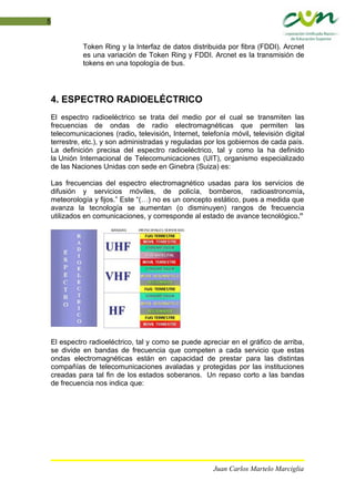 5
Token Ring y la Interfaz de datos distribuida por fibra (FDDI). Arcnet
es una variación de Token Ring y FDDI. Arcnet es la transmisión de
tokens en una topología de bus.
4. ESPECTRO RADIOELÉCTRICO
El espectro radioeléctrico se trata del medio por el cual se transmiten las
frecuencias de ondas de radio electromagnéticas que permiten las
telecomunicaciones (radio, televisión, Internet, telefonía móvil, televisión digital
terrestre, etc.), y son administradas y reguladas por los gobiernos de cada país.
La definición precisa del espectro radioeléctrico, tal y como la ha definido
la Unión Internacional de Telecomunicaciones (UIT), organismo especializado
de las Naciones Unidas con sede en Ginebra (Suiza) es:
Las frecuencias del espectro electromagnético usadas para los servicios de
difusión y servicios móviles, de policía, bomberos, radioastronomía,
meteorología y fijos.” Este “(…) no es un concepto estático, pues a medida que
avanza la tecnología se aumentan (o disminuyen) rangos de frecuencia
utilizados en comunicaciones, y corresponde al estado de avance tecnológico.”
El espectro radioeléctrico, tal y como se puede apreciar en el gráfico de arriba,
se divide en bandas de frecuencia que competen a cada servicio que estas
ondas electromagnéticas están en capacidad de prestar para las distintas
compañías de telecomunicaciones avaladas y protegidas por las instituciones
creadas para tal fin de los estados soberanos. Un repaso corto a las bandas
de frecuencia nos indica que:
Juan Carlos Martelo Marciglia
 