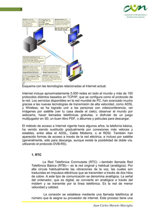 9
Esquema con las tecnologías relacionadas al Internet actual.
Internet incluye aproximadamente 5.000 redes en todo el mundo y más de 100
protocolos distintos basados en TCP/IP, que se configura como el protocolo de
la red. Los servicios disponibles en la red mundial de PC, han avanzado mucho
gracias a las nuevas tecnologías de transmisión de alta velocidad, como ADSL
y Wireless, se ha logrado unir a las personas con videoconferencia, ver
imágenes por satélite (ver tu casa desde el cielo), observar el mundo por
webcams, hacer llamadas telefónicas gratuitas, o disfrutar de un juego
multijugador en 3D, un buen libro PDF, o álbumes y películas para descargar.
El método de acceso a Internet vigente hace algunos años, la telefonía básica,
ha venido siendo sustituido gradualmente por conexiones más veloces y
estables, entre ellas el ADSL, Cable Módems, o el RDSI. También han
aparecido formas de acceso a través de la red eléctrica, e incluso por satélite
(generalmente, sólo para descarga, aunque existe la posibilidad de doble vía,
utilizando el protocolo DVB-RS).
1. RTC
La Red Telefónica Conmutada (RTC) —también llamada Red
Telefónica Básica (RTB)— es la red original y habitual (analógica). Por
ella circula habitualmente las vibraciones de la voz, las cuales son
traducidas en impulsos eléctricos que se transmiten a través de dos hilos
de cobre. A este tipo de comunicación se denomina analógica. La señal
del ordenador, que es digital, se convierte en analógica a través del
módem y se transmite por la línea telefónica. Es la red de menor
velocidad y calidad.
La conexión se establece mediante una llamada telefónica al
número que le asigne su proveedor de internet. Este proceso tiene una
Juan Carlos Martelo Marciglia
 