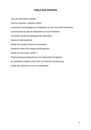 84
TABLE DES ANNEXES
Liste des abréviations utilisées :
Cours et traboules : quelques chiffres :
La protection des passages par la législation sur les monuments historiques :
Le financement du plan de restauration du circuit Traboules :
Convention de droit de passage et de restauration :
Calcul du forfait électricité :
Cahier des charges annexé à la convention :
Extraits du cahier des charges d’aménagement :
Extrait d’un bail à loyer, article 7 :
Projet architectural présenté pour une restauration de traboule :
Un exemple de mobilier urbain dans une traboule conventionnée :
Cartes des traboules et cours conventionnées :
 