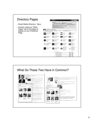 11
Directory Pages
▪ Social Media Directory - Navy
▪ Involver makes an “Other
Pages” tab to list pages to
display on your Facebook
Page.
What Do These Two Have in Common?
 
