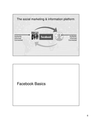 6
Authentic
Informed
Connected
Authentic
Informed
Connected
The social marketing & information platform
Facebook Basics
 