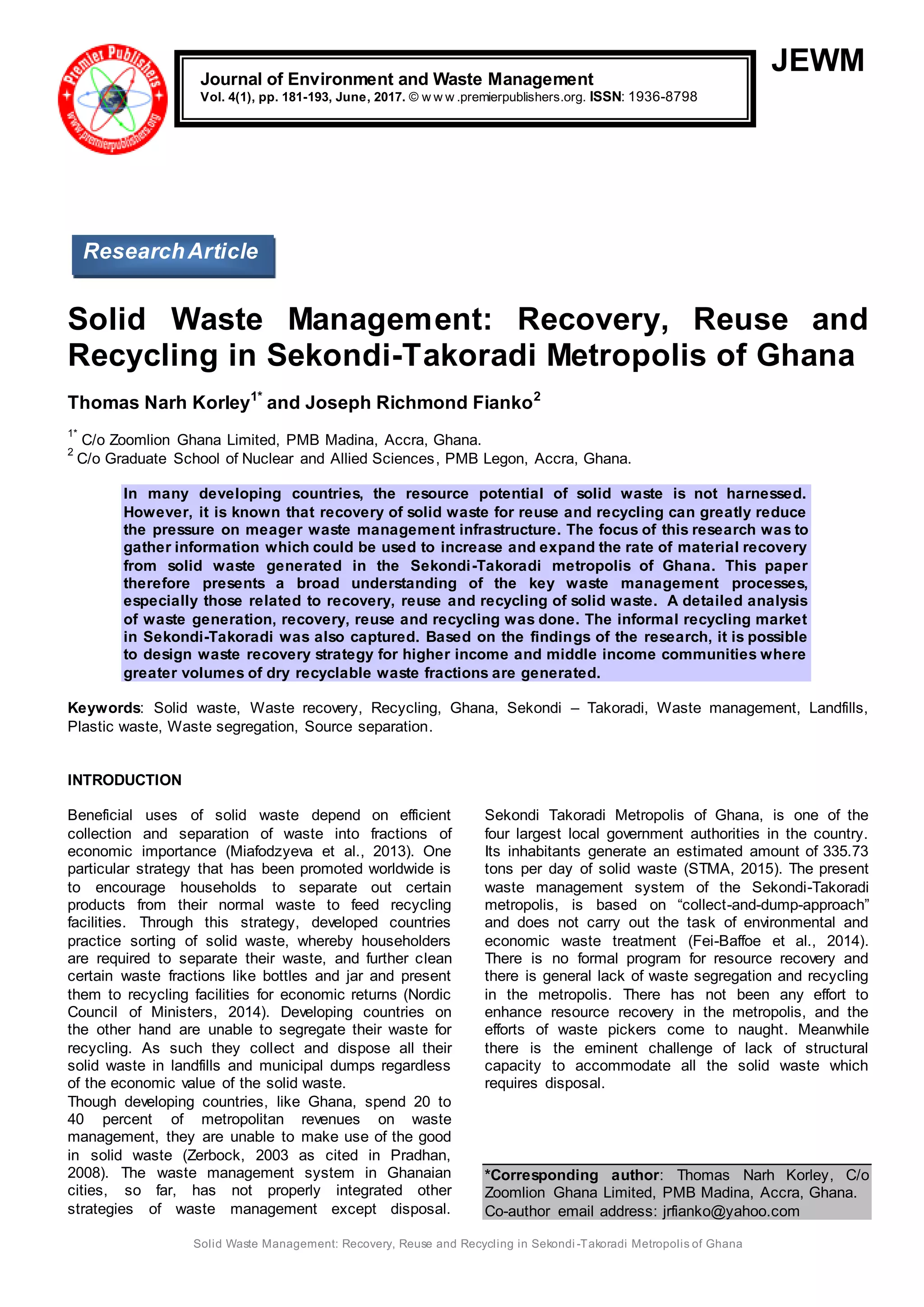 Solid Waste Management: Recovery, Reuse and Recycling in Sekondi ...