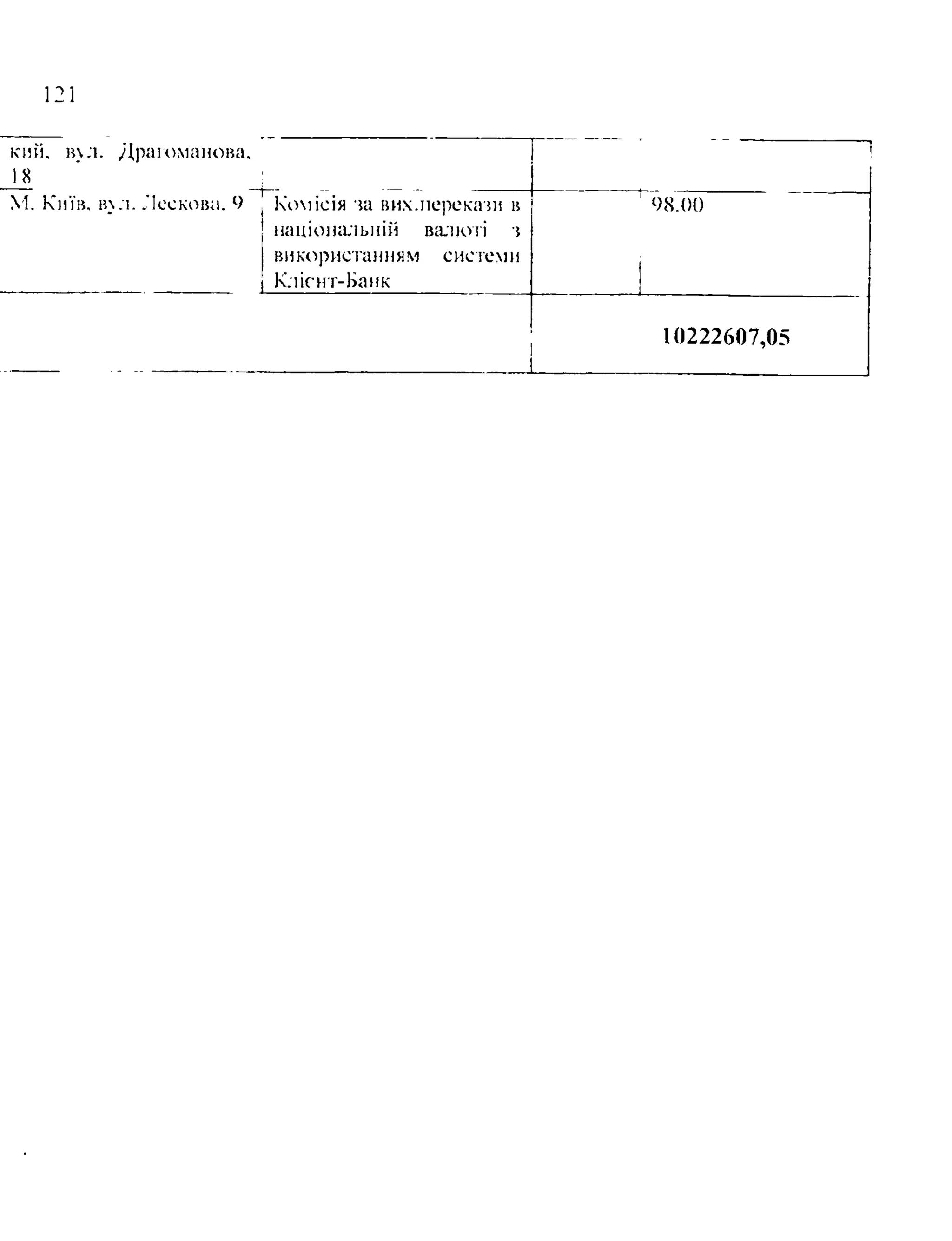 121
кпи, вл. Драгоманова.
18
М. Київ. вл. Лескова. 9 і Комісія ча вихліерекачи в
національній валюті ч
використанням системи
І Кліснг-Банк
' 98.00
!
___
10222607,05
 