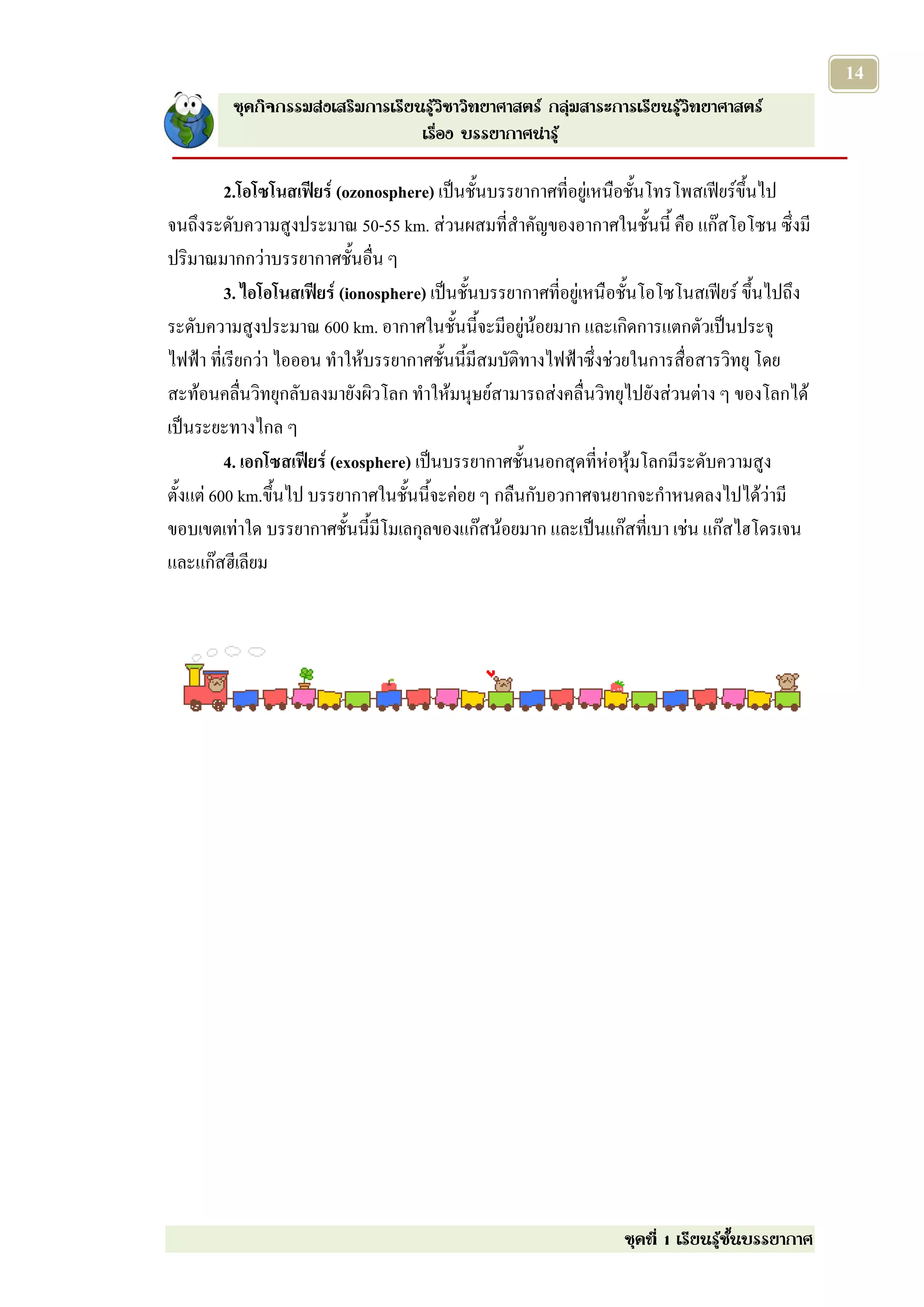 14
         ชุดกิจกรรมส่งเสริมการเรียนรู้วิชาวิทยาศาสตร์ กลุ่มสาระการเรียนรู้วิทยาศาสตร์
                                   เรื่อง บรรยากาศน่ารู้

          2.โอโซโนสเฟียร์ (ozonosphere) เป็นชั้นบรรยากาศที่อยู่เหนือชั้นโทรโพสเฟียร์ขึ้นไป
จนถึงระดับความสูงประมาณ 50-55 km. ส่วนผสมที่สาคัญของอากาศในชั้นนี้ คือ แก๊สโอโซน ซึ่งมี
ปริมาณมากกว่าบรรยากาศชั้นอื่น ๆ
          3. ไอโอโนสเฟียร์ (ionosphere) เป็นชั้นบรรยากาศที่อยู่เหนือชั้นโอโซโนสเฟียร์ ขึ้นไปถึง
ระดับความสูงประมาณ 600 km. อากาศในชั้นนี้จะมีอยู่น้อยมาก และเกิดการแตกตัวเป็นประจุ
ไฟฟ้า ที่เรียกว่า ไอออน ทาให้บรรยากาศชั้นนี้มีสมบัติทางไฟฟ้าซึ่งช่วยในการสื่อสารวิทยุ โดย
สะท้อนคลื่นวิทยุกลับลงมายังผิวโลก ทาให้มนุษย์สามารถส่งคลื่นวิทยุไปยังส่วนต่าง ๆ ของโลกได้
เป็นระยะทางไกล ๆ
          4. เอกโซสเฟียร์ (exosphere) เป็นบรรยากาศชั้นนอกสุดที่ห่อหุ้มโลกมีระดับความสูง
ตั้งแต่ 600 km.ขึ้นไป บรรยากาศในชั้นนี้จะค่อย ๆ กลืนกับอวกาศจนยากจะกาหนดลงไปได้ว่ามี
ขอบเขตเท่าใด บรรยากาศชั้นนี้มีโมเลกุลของแก๊สน้อยมาก และเป็นแก๊สที่เบา เช่น แก๊สไฮโดรเจน
และแก๊สฮีเลียม




                                                                   ชุดที่ 1 เรียนรู้ชั้นบรรยากาศ
 