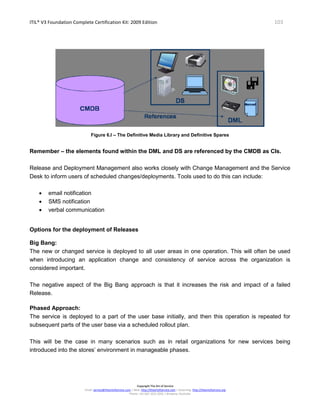 ITIL® V3 Foundation Complete Certification Kit: 2009 Edition 103
Copyright The Art of Service
Email: service@theartofservice.com | Web: http://theartofservice.com | eLearning: http://theartofservice.org
Phone: +61 (0)7 3252 2055 | Brisbane, Australia
Figure 6.I – The Definitive Media Library and Definitive Spares
Remember – the elements found within the DML and DS are referenced by the CMDB as CIs.
Release and Deployment Management also works closely with Change Management and the Service
Desk to inform users of scheduled changes/deployments. Tools used to do this can include:
• email notification
• SMS notification
• verbal communication
Options for the deployment of Releases
Big Bang:
The new or changed service is deployed to all user areas in one operation. This will often be used
when introducing an application change and consistency of service across the organization is
considered important.
The negative aspect of the Big Bang approach is that it increases the risk and impact of a failed
Release.
Phased Approach:
The service is deployed to a part of the user base initially, and then this operation is repeated for
subsequent parts of the user base via a scheduled rollout plan.
This will be the case in many scenarios such as in retail organizations for new services being
introduced into the stores’ environment in manageable phases.
 