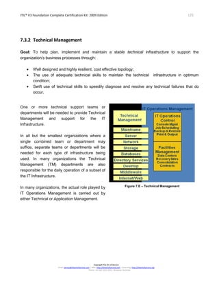 ITIL® V3 Foundation Complete Certification Kit: 2009 Edition 121
Copyright The Art of Service
Email: service@theartofservice.com | Web: http://theartofservice.com | eLearning: http://theartofservice.org
Phone: +61 (0)7 3252 2055 | Brisbane, Australia
7.3.2 Technical Management
Goal: To help plan, implement and maintain a stable technical infrastructure to support the
organization’s business processes through:
• Well designed and highly resilient, cost effective topology;
• The use of adequate technical skills to maintain the technical infrastructure in optimum
condition;
• Swift use of technical skills to speedily diagnose and resolve any technical failures that do
occur.
One or more technical support teams or
departments will be needed to provide Technical
Management and support for the IT
Infrastructure.
In all but the smallest organizations where a
single combined team or department may
suffice, separate teams or departments will be
needed for each type of infrastructure being
used. In many organizations the Technical
Management (TM) departments are also
responsible for the daily operation of a subset of
the IT Infrastructure.
In many organizations, the actual role played by
IT Operations Management is carried out by
either Technical or Application Management.
Figure 7.E – Technical Management
 