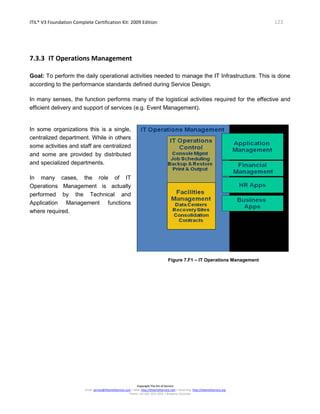 ITIL® V3 Foundation Complete Certification Kit: 2009 Edition 123
Copyright The Art of Service
Email: service@theartofservice.com | Web: http://theartofservice.com | eLearning: http://theartofservice.org
Phone: +61 (0)7 3252 2055 | Brisbane, Australia
7.3.3 IT Operations Management
Goal: To perform the daily operational activities needed to manage the IT Infrastructure. This is done
according to the performance standards defined during Service Design.
In many senses, the function performs many of the logistical activities required for the effective and
efficient delivery and support of services (e.g. Event Management).
In some organizations this is a single,
centralized department. While in others
some activities and staff are centralized
and some are provided by distributed
and specialized departments.
In many cases, the role of IT
Operations Management is actually
performed by the Technical and
Application Management functions
where required.
Figure 7.F1 – IT Operations Management
 
