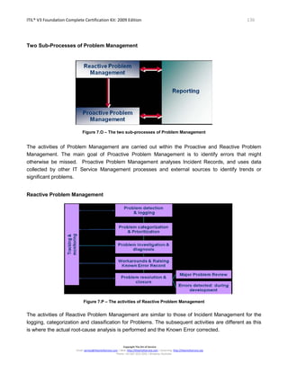 ITIL® V3 Foundation Complete Certification Kit: 2009 Edition 136
Copyright The Art of Service
Email: service@theartofservice.com | Web: http://theartofservice.com | eLearning: http://theartofservice.org
Phone: +61 (0)7 3252 2055 | Brisbane, Australia
Two Sub-Processes of Problem Management
Figure 7.O – The two sub-processes of Problem Management
The activities of Problem Management are carried out within the Proactive and Reactive Problem
Management. The main goal of Proactive Problem Management is to identify errors that might
otherwise be missed. Proactive Problem Management analyses Incident Records, and uses data
collected by other IT Service Management processes and external sources to identify trends or
significant problems.
Reactive Problem Management
Figure 7.P – The activities of Reactive Problem Management
The activities of Reactive Problem Management are similar to those of Incident Management for the
logging, categorization and classification for Problems. The subsequent activities are different as this
is where the actual root-cause analysis is performed and the Known Error corrected.
 