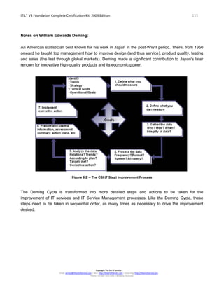 ITIL® V3 Foundation Complete Certification Kit: 2009 Edition 155
Copyright The Art of Service
Email: service@theartofservice.com | Web: http://theartofservice.com | eLearning: http://theartofservice.org
Phone: +61 (0)7 3252 2055 | Brisbane, Australia
Notes on William Edwards Deming:
An American statistician best known for his work in Japan in the post-WWII period. There, from 1950
onward he taught top management how to improve design (and thus service), product quality, testing
and sales (the last through global markets). Deming made a significant contribution to Japan's later
renown for innovative high-quality products and its economic power.
Figure 8.E – The CSI (7 Step) Improvement Process
The Deming Cycle is transformed into more detailed steps and actions to be taken for the
improvement of IT services and IT Service Management processes. Like the Deming Cycle, these
steps need to be taken in sequential order, as many times as necessary to drive the improvement
desired.
 