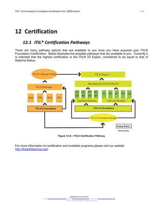 ITIL® V3 Foundation Complete Certification Kit: 2009 Edition 164
Copyright The Art of Service
Email: service@theartofservice.com | Web: http://theartofservice.com | eLearning: http://theartofservice.org
Phone: +61 (0)7 3252 2055 | Brisbane, Australia
12 Certification
12.1 ITIL® Certification Pathways
There are many pathway options that are available to you once you have acquired your ITIL®
Foundation Certification. Below illustrates the possible pathways that are available to you. Currently it
is intended that the highest certification is the ITIL® V3 Expert, considered to be equal to that of
Diploma Status.
Figure 12.A – ITIL® Certification Pathway
For more information on certification and available programs please visit our website
http://theartofservice.com.
 