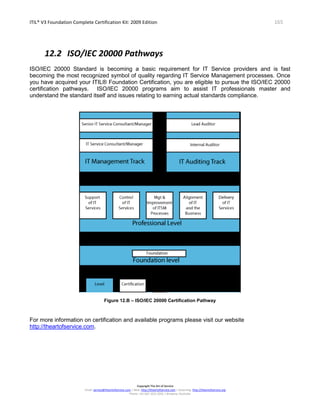 ITIL® V3 Foundation Complete Certification Kit: 2009 Edition 165
Copyright The Art of Service
Email: service@theartofservice.com | Web: http://theartofservice.com | eLearning: http://theartofservice.org
Phone: +61 (0)7 3252 2055 | Brisbane, Australia
12.2 ISO/IEC 20000 Pathways
ISO/IEC 20000 Standard is becoming a basic requirement for IT Service providers and is fast
becoming the most recognized symbol of quality regarding IT Service Management processes. Once
you have acquired your ITIL® Foundation Certification, you are eligible to pursue the ISO/IEC 20000
certification pathways. ISO/IEC 20000 programs aim to assist IT professionals master and
understand the standard itself and issues relating to earning actual standards compliance.
Figure 12.B – ISO/IEC 20000 Certification Pathway
For more information on certification and available programs please visit our website
http://theartofservice.com.
 