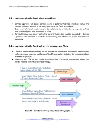 ITIL® V3 Foundation Complete Certification Kit: 2009 Edition 41
Copyright The Art of Service
Email: service@theartofservice.com | Web: http://theartofservice.com | eLearning: http://theartofservice.org
Phone: +61 (0)7 3252 2055 | Brisbane, Australia
4.4.3 Interfaces with the Service Operation Phase
• Service Operation will deploy service assets in patterns that most effectively deliver the
required utility and warranty in each segment across the Service Catalogue.
• Deployment of shared assets that provide multiple levels of redundancy, support a defined
level of warranty and build economies of scale.
• Service Strategy must clearly define the warranty factors that must be supported by Service
Operation, with attributes of reliability, maintainability, redundancy and overall experience of
availability.
4.4.4 Interfaces with the Continual Service Improvement Phase
• Continual Service Improvement (CSI) will provide the coordination and analysis of the quality,
performance and customer satisfaction of the IT organization, including the processes utilized
and services provided.
• Integration with CSI will also provide the identification of potential improvement actions that
can be made to elements of Service Strategy.
Service DesignService Design
Service TransitionService Transition
Service OperationService Operation
Continual Service
Improvement
Continual Service
Improvement
Service StrategyService Strategy
IT Budgets: Strategic Objectives, Service Portfolios:
Patterns of Business Activity (PBA)
Service Validation Criteria, Cost Units, Priorities & Risks of
IT Services, Requirements Portfolio
Service Models for support, Service Portfolios, Demand
Management Strategies, IT Budgets
Nominated budgets for delivering and supporting services
Process metrics and KPIs, Service Portfolios
Figure 4.L – Some Service Strategy outputs to other lifecycle phases.
 