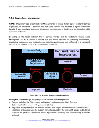 ITIL® V3 Foundation Complete Certification Kit: 2009 Edition 50
Copyright The Art of Service
Email: service@theartofservice.com | Web: http://theartofservice.com | eLearning: http://theartofservice.org
Phone: +61 (0)7 3252 2055 | Brisbane, Australia
5.3.1 Service Level Management
GOAL: The primary goal of Service Level Management is to ensure that an agreed level of IT service
is provided for all current IT services, and that future services are delivered to agreed achievable
targets. It also proactively seeks and implements improvements to the level of service delivered to
customers and users.
By acting as the liaison between the IT Service Provider and the customers, Service Level
Management (SLM) is utilized to ensure that the actions required for gathering requirements,
developing agreements, and measuring and reporting performance are performed in a consistent
manner in line with the needs of the business and customers.
Figure 5.B – The Activities of Service Level Management
During the Service Design lifecycle phase, Service Level Management:
• Designs and plans the SLM process and Service Level Agreement (SLA) Structure;
• Determines the Service Level Requirements (SLRs);
• Negotiates and Agrees upon the relevant Service Level targets with customers to produce SLAs;
• Negotiates and agrees upon the support elements required by the internal IT groups and External
Suppliers to produce Operational Level Agreements (internal) and Underpinning Contracts
(external).
 
