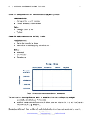 ITIL® V3 Foundation Complete Certification Kit: 2009 Edition 78
Copyright The Art of Service
Email: service@theartofservice.com | Web: http://theartofservice.com | eLearning: http://theartofservice.org
Phone: +61 (0)7 3252 2055 | Brisbane, Australia
Roles and Responsibilities for Information Security Management:
Responsibilities:
• Manage entire security process
• Consult with senior management
Skills:
• Strategic Sense of PR
• Tactical
Roles and Responsibilities for Security Officer:
Responsibilities:
• Day to day operational duties
• Advise staff on security policy and measures
Skills:
• Analytical
• Eye for detail
• Consultancy
Prevention
Reduction
Detection
Repression
Correction
Evaluation
Organizational Procedural Technical Physical
Perspectives
Measures
Figure 5.S – Activities of Information Security Management
The Information Security Measure Matrix is a useful tool in performing a gap analysis:
• Ensures there is a balance in measures
• Avoids a concentration of measures in either a certain perspective (e.g. technical) or of a
certain measure (e.g. detection).
Remember: Ultimately it’s a cost-benefit analysis that determines how much you invest in security.
 