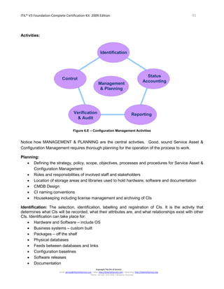 ITIL® V3 Foundation Complete Certification Kit: 2009 Edition 91
Copyright The Art of Service
Email: service@theartofservice.com | Web: http://theartofservice.com | eLearning: http://theartofservice.org
Phone: +61 (0)7 3252 2055 | Brisbane, Australia
Activities:
Status
Accounting
Identification
Verification
& Audit
Control
Reporting
Management
& Planning
Figure 6.E – Configuration Management Activities
Notice how MANAGEMENT & PLANNING are the central activities. Good, sound Service Asset &
Configuration Management requires thorough planning for the operation of the process to work.
Planning:
• Defining the strategy, policy, scope, objectives, processes and procedures for Service Asset &
Configuration Management
• Roles and responsibilities of involved staff and stakeholders
• Location of storage areas and libraries used to hold hardware, software and documentation
• CMDB Design
• CI naming conventions
• Housekeeping including license management and archiving of CIs
Identification: The selection, identification, labelling and registration of CIs. It is the activity that
determines what CIs will be recorded, what their attributes are, and what relationships exist with other
CIs. Identification can take place for:
• Hardware and Software – include OS
• Business systems – custom built
• Packages – off the shelf
• Physical databases
• Feeds between databases and links
• Configuration baselines
• Software releases
• Documentation
 