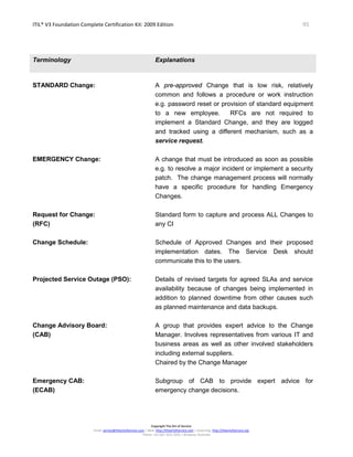 ITIL® V3 Foundation Complete Certification Kit: 2009 Edition 95
Copyright The Art of Service
Email: service@theartofservice.com | Web: http://theartofservice.com | eLearning: http://theartofservice.org
Phone: +61 (0)7 3252 2055 | Brisbane, Australia
Terminology Explanations
STANDARD Change: A pre-approved Change that is low risk, relatively
common and follows a procedure or work instruction
e.g. password reset or provision of standard equipment
to a new employee. RFCs are not required to
implement a Standard Change, and they are logged
and tracked using a different mechanism, such as a
service request.
EMERGENCY Change: A change that must be introduced as soon as possible
e.g. to resolve a major incident or implement a security
patch. The change management process will normally
have a specific procedure for handling Emergency
Changes.
Request for Change:
(RFC)
Standard form to capture and process ALL Changes to
any CI
Change Schedule: Schedule of Approved Changes and their proposed
implementation dates. The Service Desk should
communicate this to the users.
Projected Service Outage (PSO): Details of revised targets for agreed SLAs and service
availability because of changes being implemented in
addition to planned downtime from other causes such
as planned maintenance and data backups.
Change Advisory Board:
(CAB)
A group that provides expert advice to the Change
Manager. Involves representatives from various IT and
business areas as well as other involved stakeholders
including external suppliers.
Chaired by the Change Manager
Emergency CAB:
(ECAB)
Subgroup of CAB to provide expert advice for
emergency change decisions.
 