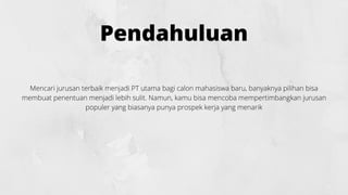 Pendahuluan
Mencari jurusan terbaik menjadi PT utama bagi calon mahasiswa baru, banyaknya pilihan bisa
membuat penentuan menjadi lebih sulit. Namun, kamu bisa mencoba mempertimbangkan jurusan
populer yang biasanya punya prospek kerja yang menarik
 