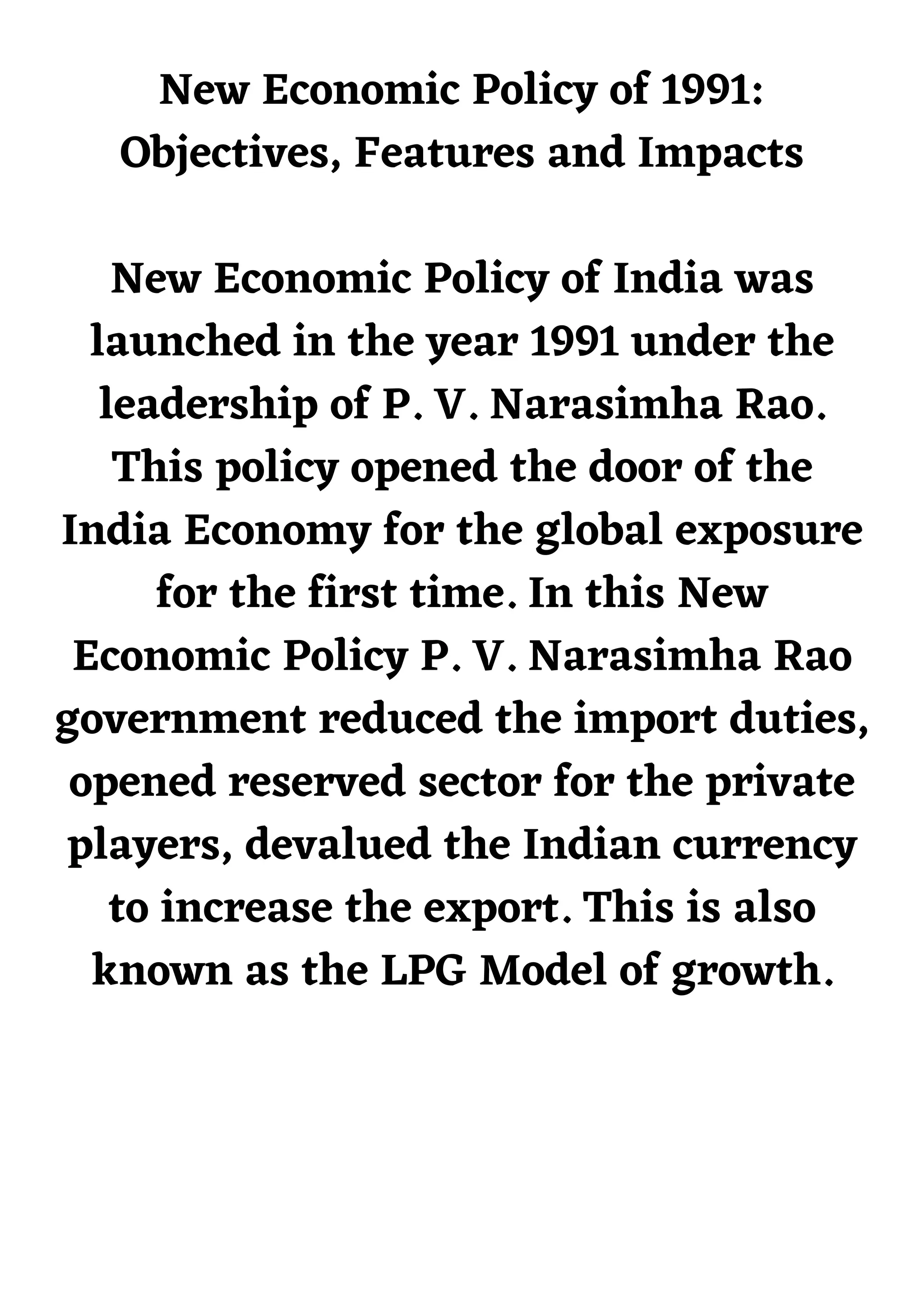 New Economic policy 1991 | PDF