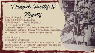 Dampak Negatif
1. Banyak Jatuhnya korban jiwa
2. Keadaan perekonomian Terganggu
3. Pembangunan terhenti
4. Timbulnya perpecahan hubungan persaudaraan
5. Hubungan Indonesia dengan Amerika Serikat terganggu
6. Hubungan Indonesia dengan Malaysia terganggu
Dampak positif
1. Kesadaran berotonomi
2. menimbulkan kesadaran di kalangan pimpinan negara
bahwa wilayah NKRI terdiri dari kepulauan yang luas dan
beraneka ragam masalah di setiap daerah
Dampak Positif &
Negatif
 