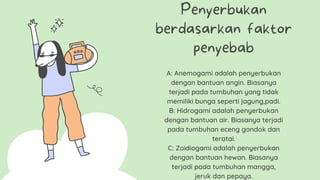 A: Anemogami adalah penyerbukan
dengan bantuan angin. Biasanya
terjadi pada tumbuhan yang tidak
memiliki bunga seperti jagung,padi.
B: Hidrogami adalah penyerbukan
dengan bantuan air. Biasanya terjadi
pada tumbuhan eceng gondok dan
teratai.
C: Zoidiogami adalah penyerbukan
dengan bantuan hewan. Biasanya
terjadi pada tumbuhan mangga,
jeruk dan pepaya.
Penyerbukan
berdasarkan faktor
penyebab