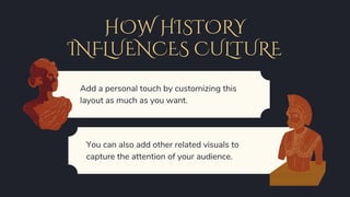HOW HISTORY
INFLUENCES CULTURE
Add a personal touch by customizing this
layout as much as you want.
You can also add other related visuals to
capture the attention of your audience.
 