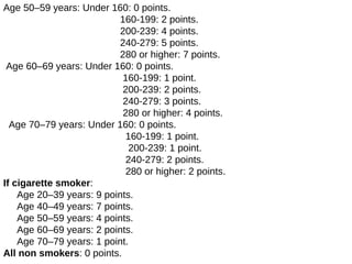 Age 50–59 years: Under 160: 0 points.
160-199: 2 points.
200-239: 4 points.
240-279: 5 points.
280 or higher: 7 points.
Age 60–69 years: Under 160: 0 points.
160-199: 1 point.
200-239: 2 points.
240-279: 3 points.
280 or higher: 4 points.
Age 70–79 years: Under 160: 0 points.
160-199: 1 point.
200-239: 1 point.
240-279: 2 points.
280 or higher: 2 points.
If cigarette smoker:
Age 20–39 years: 9 points.
Age 40–49 years: 7 points.
Age 50–59 years: 4 points.
Age 60–69 years: 2 points.
Age 70–79 years: 1 point.
All non smokers: 0 points.
 