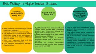 Tamil Nadu,
Electric Vehicle
Policy, 2019
Make Tamil Nadu a manufacturing hub for EV
and ancillary equipment.
Encourage investment in electric mobility.
Aim of having 1,00,000 EVs on the road by
2022 which include 80,000 two-wheelers or
scooters, 14,000 three-wheelers, 4,500 cars
and 1,500 buses.
100% from registration fees and 50%
exemption from motor vehicle tax.
100% exemption from electricity duty for E-
charging stations.
Gujarat, Draft EV
Policy, 2019
By 2030, electrify 5% of buses annually, and
convert shared mobility fleets, institutional
vehicles, and E-commerce delivery and
logistic trucks to electric vehicles.
Convert al Autorickshaw in 06 major cities to
EVs within a span of 10 year.
Establish venture capital an business
incubation service hubs to encourage EV
start-up.
EV-related and charging infrastructure
production will be excluded from electricity
taxes entirely until 2025.
Karnataka, Electric
Vehicles and
Energy Storage
Policy, 2017
100% of three and four-wheelers moving
goods will be encourages to transition to
electric by 2030.
1,000 electric buses will be introduced to
local public transportation bus fleets.
Aim to set up 112 EV charging stations in
Bengaluru.
The construction of secondary markets for
batteries and the establishment of a venture
capital fund for E-mobility start-ups are both
priorities. Incentives such as interest free
loans on net SGST for EV manufacturing
enterprises.
EVs Policy In Major Indian States
 