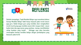 REFLEKSI
Setelah mempelajari Topik Merdeka Belajar saya memahami bahwa
konsep Merdeka Belajar tidak hanya terpusat pada murid namun
juga guru. Sebab dengan guru yang merdeka akan menghasilkan
murid-murid yang juga merdeka secara lahir maupun batin sesuai
kodrat alam dan juga zaman yang seantiasa mampu merefleksikan
setiap keadaan yang terjadi . Sehingga saya akan berusaha
menerapkan konsep merdeka belajar dengan pembelajaran yang
berpusat pada murid.
 