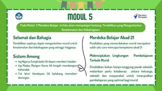Selamat dan Bahagia
Pendidikan sejatnya dapat mengantarkan murid untuk
keselamatan dan kebahagiaan yang setinggi-tingginya.
Sistem Among
Ing Ngarso Sungtulodo (di depan memberi teladan
Ing Madya Mangun Karso (di tengah membangun
kehendak
Tut Wuri Handayani (di belakang memeberi
dorongan
Merdeka Belajar Abad 21
Pendidikan yang memerdekakan murid merupakan
salah satu cara mencapai kompetensi abad 21
Midenciptakan Lingkungan Pembelajaran
Terbaik Murid
Pendidikan bukan hanya tanggung jawab sekolah,
melainkan perlu kolaborasi antara keluarga,
sekolah dan masyarakat untuk mewujudkan
pembelajaran yang optimal bagi murid.
MODUL 5
Pada Modul 2 Merdeka Belajar ini kita akan mempelajari tentang Pendidikan yang Mengantarkan
Keselamatan dan Kebahagiaan
 