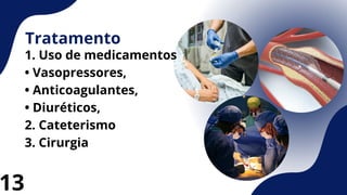 Tratamento
1. Uso de medicamentos
• Vasopressores,
• Anticoagulantes,
• Diuréticos,
2. Cateterismo
3. Cirurgia
13
 
