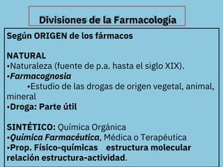 Divisiones de la Farmacología
Según ORIGEN de los fármacos
NATURAL
•Naturaleza (fuente de p.a. hasta el siglo XIX).
•Farma...