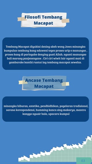 Filosofi Tembang
Macapat
Tembang Macapat diyakini dening akeh wong Jawa minangka
kumpulan tembang kang nduweni teges proses urip e manungso ,
proses kang di paringake denying gusti Allah. nganti manungso
bali marang panjenengane . Ciri ciri wiwit lair nganti mati di
gambarake kanthi runtut ing tembang macapat sewelas.
Ancase Tembang
Macapat
minangka hiburan, estetika, pendhidhikan, pagelaran tradisional,
sarana korespondensi, humming kanca sing makarya, mantra
kanggo ngusir bala, upacara kumpul
03
 
