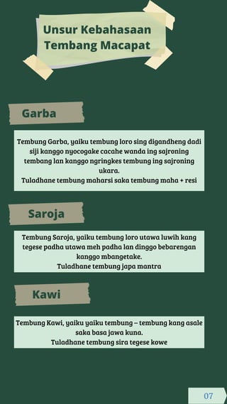 Tembung Garba, yaiku tembung loro sing digandheng dadi
siji kanggo nyocogake cacahe wanda ing sajroning
tembang lan kanggo ngringkes tembung ing sajroning
ukara.
Tuladhane tembung maharsi saka tembung maha + resi
Unsur Kebahasaan
Tembang Macapat
Garba
Saroja
Tembung Saroja, yaiku tembung loro utawa luwih kang
tegese padha utawa meh padha lan dinggo bebarengan
kanggo mbangetake.
Tuladhane tembung japa mantra
Kawi
Tembung Kawi, yaiku yaiku tembung – tembung kang asale
saka basa jawa kuna.
Tuladhane tembung sira tegese kowe
07
 