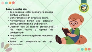 Se ofrecen al lector de manera aislada,
puntual y precisa.
Generalmente van directo al grano.
Normalmente tienen una extensión
breve, como máximo una oración.
Cuentan con un soporte gráfico que
los hace fáciles y rápidos de
comprender.
Requieren de estrategias de lectura no
lineal.
Suelen ser mayormente de tipo
informativo.
Las principales son:
 