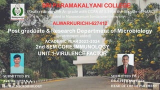 SUBMITTED BY:
AVUDAIAPPAN.A
1st Msc.MICROBIOLOGY
SUBMITTED TO:
DR.S.VISWANATHAN
HEAD OF THE DEPARTMENT
SRI PARAMAKALYANI COLLEGE
(Reaccredited with A+grade with CGPA of 3.39 in the III cycle of NAAC)
Affiliated to Manonmanium Sundaranar Universityt
ALWARKURICHI-627412
Post graduate & Research Department of Microbiology
(government aided)
ACADEMIC YEAR 2023-2024
2nd SEM CORE:IMMUNOLOGY
UNIT 1-VIRULENCE FACTOR
 