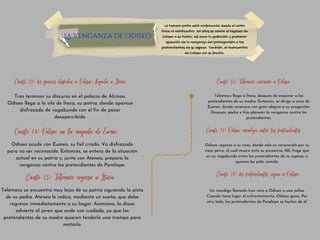 La venganza de Odiseo
La tercera parte está conformada desde el canto
trece al veinticuatro. En ellos se relata el regreso de
Odiseo a su tierra, así como la gestación y posterior
ejecución de la venganza del protagonista a los
pretendientes de su esposa. También, el reencuentro
de Odiseo con su familia.
Canto 13: Los feacios despiden a Odiseo. Llegada a Ítaca
Tras terminar su discurso en el palacio de Alcínoo,
Odiseo llega a la isla de Ítaca, su patria, donde aparece
disfrazado de vagabundo con el fin de pasar
desapercibido.
Canto 14: Odiseo en la majada de Eumeo
Odiseo acude con Eumeo, su fiel criado. Va disfrazado
para no ser reconocido. Entonces, se entera de la situación
actual en su patria y, junto con Atenea, prepara la
venganza contra los pretendientes de Penélope.
Canto 15: Telémaco regresa a Ítaca
Telémaco se encuentra muy lejos de su patria siguiendo la pista
de su padre. Atenea le indica, mediante un sueño, que debe
regresar inmediatamente a su hogar. Asimismo, la diosa
advierte al joven que ande con cuidado, ya que los
pretendientes de su madre quieren tenderle una trampa para
matarlo.
Canto 16: Telémaco reconoce a Odiseo
Telémaco llega a Ítaca, después de esquivar a los
pretendientes de su madre. Entonces, se dirige a casa de
Eumeo, donde reconoce con gran alegría a su progenitor.
Después, padre e hijo planean la venganza contra los
pretendientes.
Canto 17: Odiseo mendiga entre los pretendientes
Odiseo regresa a su casa, donde solo es reconocido por su
viejo perro, el cual muere ante su presencia. Allí, finge que
es un vagabundo entre los pretendientes de su esposa, a
quienes les pide comida.
Canto 18: Los pretendientes vejan a Odiseo
Un mendigo llamado Iron reta a Odiseo a una pelea.
Cuando tiene lugar el enfrentamiento, Odiseo gana. Por
otro lado, los pretendientes de Penélope se burlan de él.
 