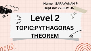Name : SARAVANAN P
Dept no: 22-EDM-16
Level 2
TOPIC:PYTHAGORAS
THEOREM
 
