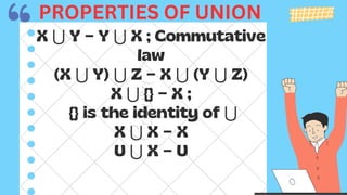 X ⋃ Y = Y ⋃ X ; Commutative
law
(X ⋃ Y) ⋃ Z = X ⋃ (Y ⋃ Z)
X ⋃ {} = X ;
{} is the identity of ⋃
X ⋃ X = X
U ⋃ X = U
PROPERTIES OF UNION
 