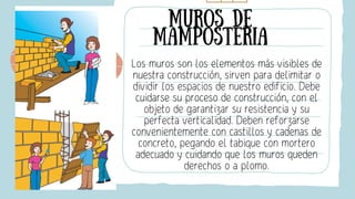 Los muros son los elementos más visibles de
nuestra construcción, sirven para delimitar o
dividir los espacios de nuestro edificio. Debe
cuidarse su proceso de construcción, con el
objeto de garantizar su resistencia y su
perfecta verticalidad. Deben reforzarse
convenientemente con castillos y cadenas de
concreto, pegando el tabique con mortero
adecuado y cuidando que los muros queden
derechos o a plomo.
muros de
mamposteria
 