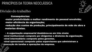Divisão do trabalho
Consequências:
-maior produtividade e melhor rendimento do pessoal envolvido;
-maior eficiência da organização;
-redução dos custos de produção, principalmente de mão de obra e
materias diretas.
A organização empresarial desdobrou-se em três níveis:
-nivel institucional: composto por dirigentes e diretores da organização.
-nivel intermediário: composto pelos gerentes.
-nivel operacional: composto pelos supervisores que administram a
execução de tarefas e operações da empresa.
PRINCÍPIOS DA TEORIA NEOCLÁSSICA
 