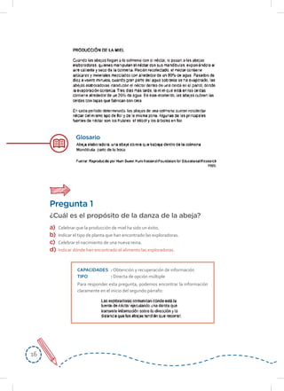 1616
Pregunta 1
¿Cuál es el propósito de la danza de la abeja?
a) Celebrar que la producción de miel ha sido un éxito.
b) Indicar el tipo de planta que han encontrado las exploradoras.
c) Celebrar el nacimiento de una nueva reina.
d) Indicar dónde han encontrado el alimento las exploradoras.
CAPACIDADES : Obtención y recuperación de información
TIPO : Directa de opción múltiple
Para responder esta pregunta, podemos encontrar la información
claramente en el inicio del segundo párrafo:
Glosario
 