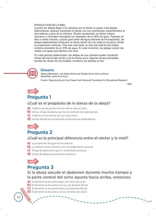 1010
Pregunta 1
¿Cuál es el propósito de la danza de la abeja?
a) Celebrar que la producción de miel ha sido un éxito.
b) Indicar el tipo de planta que han encontrado las exploradoras.
c) Celebrar el nacimiento de una nueva reina.
d) Indicar dónde han encontrado el alimento las exploradoras.
Pregunta 2
¿Cuál es la principal diferencia entre el néctar y la miel?
a) La proporción de agua en la sustancia.
b) La relación entre el azúcar y los minerales de la sustancia.
c) El tipo de planta de la que se recolecta la sustancia.
d) El tipo de abeja que procesa la sustancia.
Glosario
Pregunta 3
Si la abeja sacude el abdomen durante mucho tiempo y
la parte central del ocho apunta hacia arriba, entonces:
a) El alimento se encuentra lejos y en dirección al sol.
b) El alimento se encuentra cerca y a la derecha del sol.
c) El alimento se encuentra lejos y a la derecha del sol.
d) El alimento se encuentra cerca y en dirección al sol.
PRODUCCIÓN DE LA MIEL
Cuando las abejas llegan a la colmena con el néctar, lo pasan a las abejas
elaboradoras, quienes manipulan el néctar con sus mandíbulas, exponiéndolos al
aire caliente y seco de la colmena. Recién recolectado, el néctar cotiene
azúcares y minerales mezclados con alrededor de un 80% de agua. Pasados de
diez a veinte minutos, cuando gran parte del agua sobrante se ha evaporado, las
abejas elaboradoras introducen el néctar dentro de una celda en el panal, donde
la evaporación continúa. Tres días mas tarde, la miel que está en las celdas
contiene alrededor de un 20% de agua. En este momento, las abejas cubren las
celdas con tapas que fabrican con cera.
En cada periodo determinado, las abejas de una colmena suelen recolectar
néctar del mismo tipo de ﬂor y de la misma zona. Algunas de las principales
fuentes de néctar son los frutales, el trébol y los árboles en ﬂor.
Abeja elaboradora: una abeja obrera que trabaja dentro de la colmena
Mandíbula: parte de la boca
Fuente: Reproducido por Hum Sweet Hum Nacional Foundation for Educational Research
1993.
 