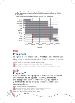 1212
Figura 2
búfalo
rinoceronte
hipopótamo
bisonte
elefante
jirafa
avestruz
gacela
ganado
vacuno
perro
caballo
camello
8 000 AC
7 000 AC 5 000 AC 3 000 AC 1 000 AC 1 000 DC
6 000 AC 4 000 AC 2 000 AC 0
Pregunta 6
La ﬁgura 2 está basada en la hipótesis que aﬁrma que:
a) Los animales de la pintura rupestre estaban en esa área en el momento en que fueron
dibujados.
b) Los artistas que dibujaron los animales eran muy hábiles.
c) Los artistas que dibujaron los animales podían viajar grandes distancias.
d) No había una intención por domesticar a los animales que fueron pintados en las rocas.
Pregunta 7
Para responder esta pregunta, es necesario recopilar
información de las ﬁguras 1 y 2 conjuntamente.
Las desapariciones del rinoceronte, hipopótamo
y del bisonte de las pinturas rupestres del Sahara
corresponden a:
a) El principio de la más reciente era glaciar.
b) La mitad del periodo, cuando el lago Chad estaba a su máximo nivel.
c) El descenso del nivel del lago Chad por más de mil años.
d) El inicio de un ininterrumpido periodo de sequía.
La figura 2 muestra los años en los que ciertas especies animales aparecieron en las
pinturas rupestres del Sahara (pinturas o dibujos antiguos encontrados en las paredes
de las cuevas).
Pinturas rupestres del Sahara y cambios de patrones en la vida salvaje.
 
