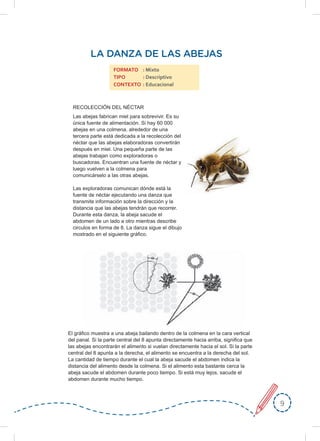 99
LA DANZA DE LAS ABEJAS
FORMATO : Mixto
TIPO : Descriptivo
CONTEXTO : Educacional
El gráfico muestra a una abeja bailando dentro de la colmena en la cara vertical
del panal. Si la parte central del 8 apunta directamente hacia arriba, significa que
las abejas encontrarán el alimento si vuelan directamente hacia el sol. Si la parte
central del 8 apunta a la derecha, el alimento se encuentra a la derecha del sol.
La cantidad de tiempo durante el cual la abeja sacude el abdomen indica la
distancia del alimento desde la colmena. Si el alimento esta bastante cerca la
abeja sacude el abdomen durante poco tiempo. Si está muy lejos, sacude el
abdomen durante mucho tiempo.
Las abejas fabrican miel para sobrevivir. Es su
única fuente de alimentación. Si hay 60 000
abejas en una colmena, alrededor de una
tercera parte está dedicada a la recolección del
néctar que las abejas elaboradoras convertirán
después en miel. Una pequeña parte de las
abejas trabajan como exploradoras o
buscadoras. Encuentran una fuente de néctar y
luego vuelven a la colmena para
comunicárselo a las otras abejas.
Las exploradoras comunican dónde está la
fuente de néctar ejecutando una danza que
transmite información sobre la dirección y la
distancia que las abejas tendrán que recorrer.
Durante esta danza, la abeja sacude el
abdomen de un lado a otro mientras describe
circulos en forma de 8. La danza sigue el dibujo
mostrado en el siguiente gráfico.
RECOLECCIÓN DEL NÉCTAR
 