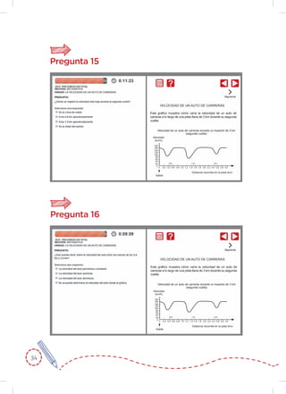 34
Pregunta 15
Pregunta 16
Este gráﬁco muestra cómo varía la velocidad de un auto de
carreras a lo largo de una pista llana de 3 km durante su segunda
vuelta.
VELOCIDAD DE UN AUTO DE CARRERAS
Velocidad de un auto de carreras durante un trayecto de 3 km
(segunda vuelta)
Velocidad
(km/h)
Salida
180
160
140
130
100
80
60
40
20
0
0 0,2 0,4 0,6 0,8 1,0 1,2 1,4 1,6 1,8 2,0 2,2 2,4 2,6 2,8 3,0
2,51,50,5
Distancia recorrida en la pista (km)
Este gráﬁco muestra cómo varía la velocidad de un auto de
carreras a lo largo de una pista llana de 3 km durante su segunda
vuelta.
VELOCIDAD DE UN AUTO DE CARRERAS
Velocidad de un auto de carreras durante un trayecto de 3 km
(segunda vuelta)
Velocidad
(km/h)
Salida
180
160
140
130
100
80
60
40
20
0
0 0,2 0,4 0,6 0,8 1,0 1,2 1,4 1,6 1,8 2,0 2,2 2,4 2,6 2,8 3,0
2,51,50,5
Distancia recorrida en la pista (km)
 