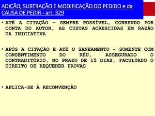 ADIÇÃO, SUBTRAÇÃO E MODIFICAÇÃO DO PEDIDO e da
CAUSA DE PEDIR - art. 329
• ATÉ A CITAÇÃO – SEMPRE POSSÍVEL, CORRENDO POR
CONTA DO AUTOR, AS CUSTAS ACRESCIDAS EM RAZÃO
DA INICIATIVA
• APÓS A CITAÇÃO E ATÉ O SANEAMENTO – SOMENTE COM
CONSENTIMENTO DO RÉU, ASSEGURADO O
CONTRADITÓRIO, NO PRAZO DE 15 DIAS, FACULTADO O
DIREITO DE REQUERER PROVAS
• APLICA-SE À RECONVENÇÃO
 