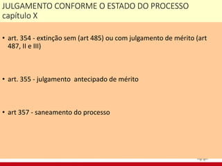 JULGAMENTO CONFORME O ESTADO DO PROCESSO
capítulo X
• art. 354 - extinção sem (art 485) ou com julgamento de mérito (art
487, II e III)
• art. 355 - julgamento antecipado de mérito
• art 357 - saneamento do processo
 