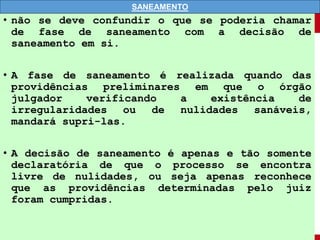 • não se deve confundir o que se poderia chamar
de fase de saneamento com a decisão de
saneamento em si.
• A fase de saneamento é realizada quando das
providências preliminares em que o órgão
julgador verificando a existência de
irregularidades ou de nulidades sanáveis,
mandará supri-las.
• A decisão de saneamento é apenas e tão somente
declaratória de que o processo se encontra
livre de nulidades, ou seja apenas reconhece
que as providências determinadas pelo juiz
foram cumpridas.
SANEAMENTO
 