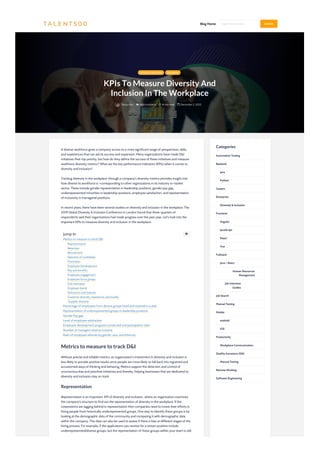 A diverse workforce gives a company access to a more significant range of perspectives, skills,
and experiences that can aid its success and expansion. Many organizations have made D&I
initiatives their top priority, but how do they define the success of these initiatives and measure
workforce diversity metrics? What are the key performance indicators (KPIs) when it comes to
diversity and inclusion?
Tracking diversity in the workplace through a company’s diversity metrics provides insight into
how diverse its workforce is –corresponding to other organizations in its industry or market
sector. These include gender representation in leadership positions, gender pay gap,
underrepresented minorities in leadership positions, employee satisfaction, and representation
of inclusivity in managerial positions.
In recent years, there have been several studies on diversity and inclusion in the workplace. The
2019 Global Diversity & Inclusion Conference in London found that three-quarters of
respondents said their organizations had made progress over the past year. Let’s look into the
important KPIs to measure diversity and inclusion in the workplace.
Metrics to measure to track D&I
Without precise and reliable metrics, an organization’s investment in diversity and inclusion is
less likely to provide positive results since people are more likely to fall back into ingrained and
accustomed ways of thinking and behaving. Metrics support the detection and control of
unconscious bias and prioritize initiatives and thereby, helping businesses that are dedicated to
diversity and inclusion stay on track.
Representation
Representation is an important KPI of diversity and inclusion, where an organization examines
the company’s structure to find out the representation of diversity in the workplace. If the
corporations are lagging behind in representation then companies need to invest their efforts in
hiring people from historically underrepresented groups. One way to identify these groups is by
looking at the demographic data of the community and comparing it with demographic data
within the company. This data can also be used to assess if there is bias at different stages of the
hiring process. For example, if the applications you receive for a certain position include
underrepresented/diverse groups, but the representation of these groups within your team is still
Jump to
Metrics to measure to track D&I
Representation
Retention
Recruitment
Selection of candidates
Promotion
Employee Development
Pay and benefits
Employee engagement
Employee focus groups
Exit interviews
Employer brand
Grievances and lawsuits
Customer diversity, experience, and loyalty
Supplier diversity
Percentage of employees from diverse groups hired and retained in a year
Representation of underrepresented groups in leadership positions
Gender Pay gap
Level of employee satisfaction
Employee development programs conducted and participation rates
Number of managers rated as inclusive
Ratio of employee referrals by gender, race, and ethnicity

Automation Testing
java
Python
Backend
Careers
Diversity & inclusion
Enterprise
Angular
JavaScript
React
Vue
Frontend
Java + React
Fullstack
Human Resources
Management
Job Interview
Guides
Job Search
Manual Testing
android
iOS
Mobile
Workplace Communication
Productivity
Manual Testing
Quality Assurance (QA)
Remote Working
Software Engineering
Categories
DIVERSITY & INCLUSION ENTERPRISE
KPIs To Measure Diversity And
Inclusion In The Workplace
Taniya Pan  Add comment  16 min read  December 2, 2022
Blog Home Type here to search... SEARCH
 